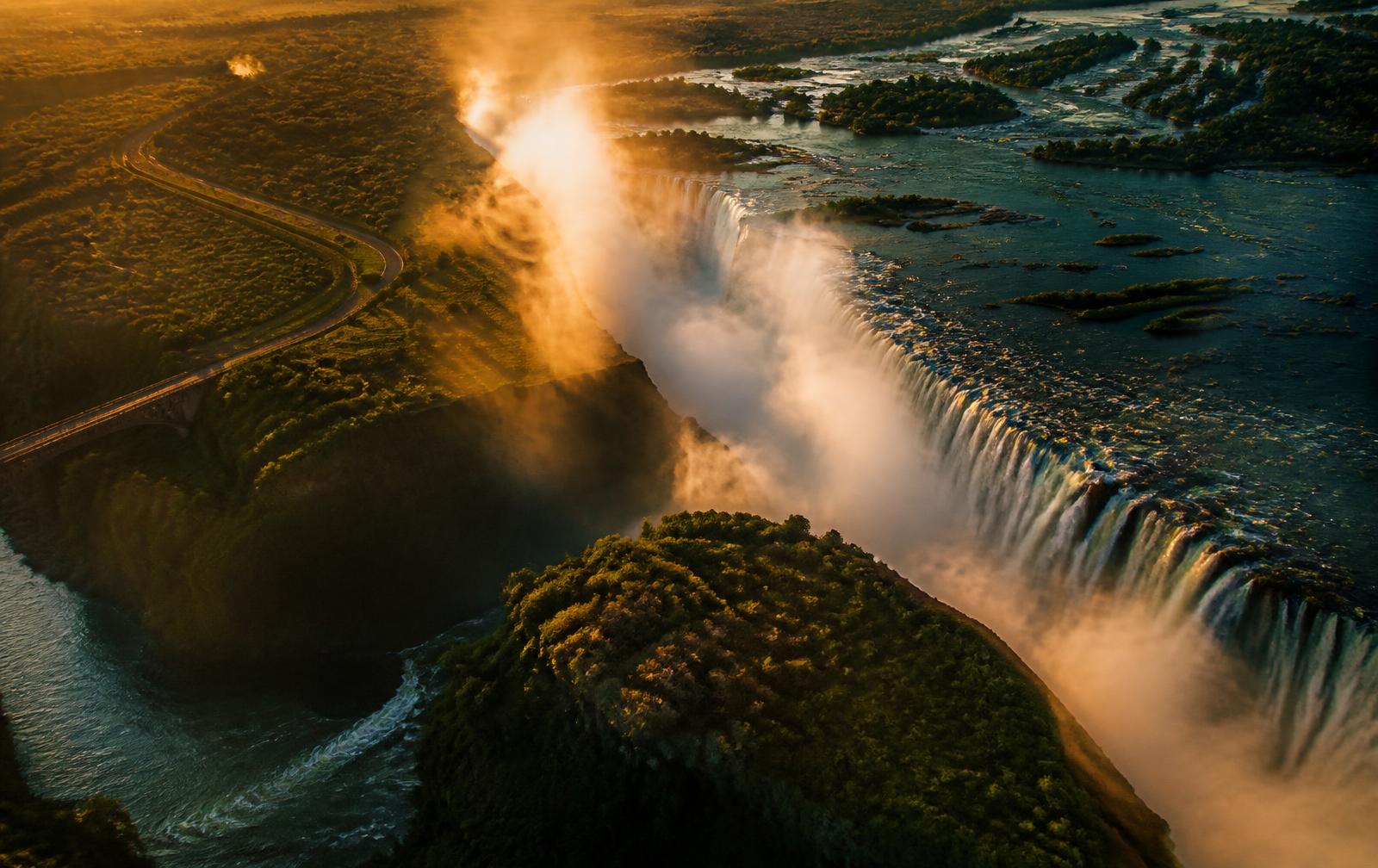 Victoria Falls and the Zambezi gorge at golden hour